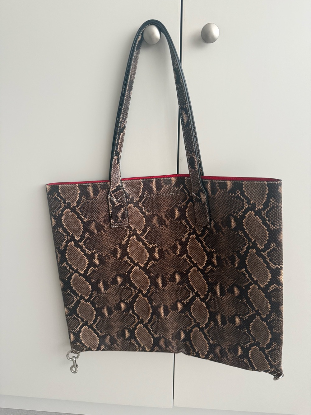Marc Jacobs Brown Snake-Print Tote with Red Trim